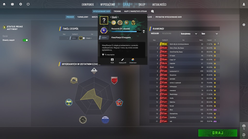 KONTO CS:GO CS2 COUNTER-STRIKE 2, 964H, PRIME, MEDALE, ŻETONY, ODZNAKI