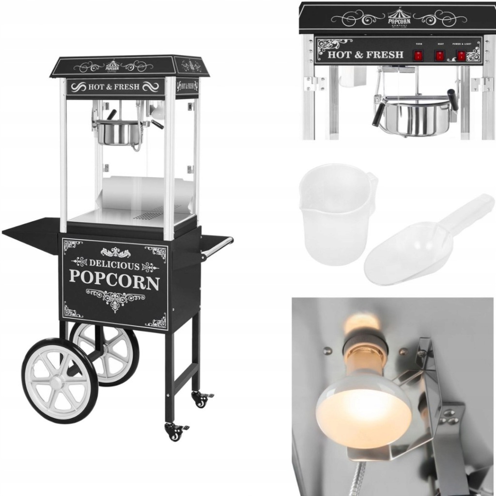 Profesjonalna wydajna maszyna do popcornu mobilna na wózku 230V 1.6kW czarn