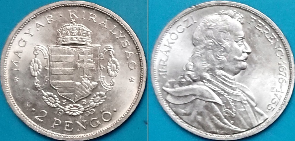 Węgry 2 pengo 1935r. KM 514 Ferenc Rakoczi srebro 10 gram UNC