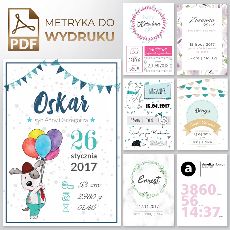 METRYKA NOWORODKA personalizacja A4 pdf WZORY HIT