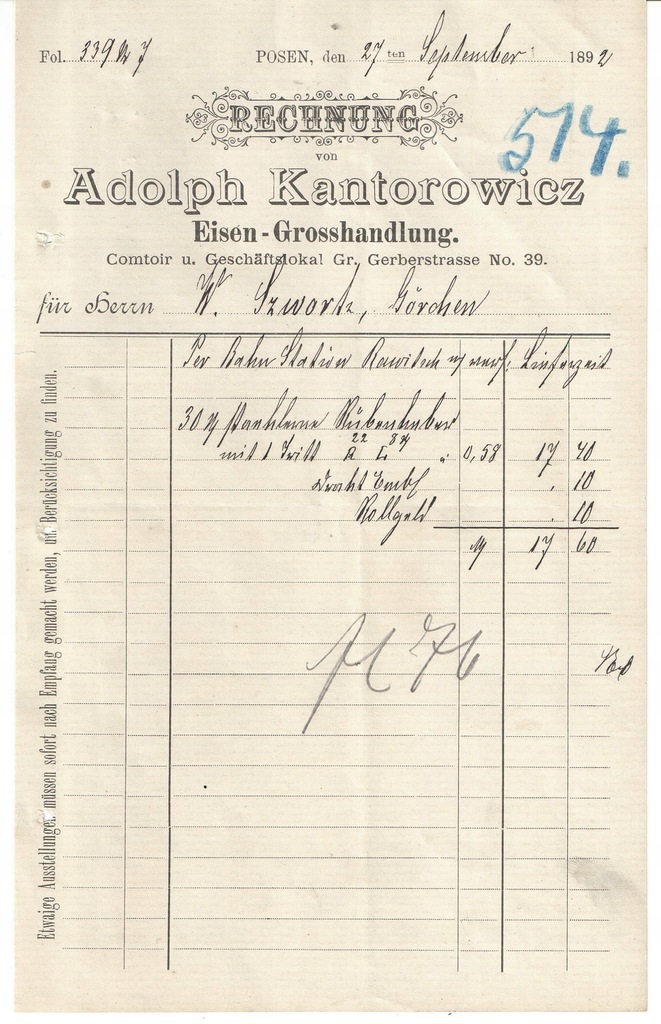 Judaik firma Adolfa Kantorowicza Poznań 1892