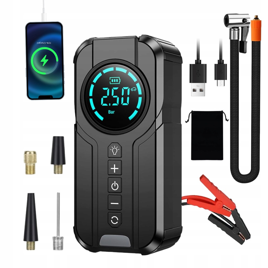 ROZRUSZNIK JUMP STARTER BOOSTER POWERBANK POMPKA KOMPRESOR 2W1 1000A +KLEMY