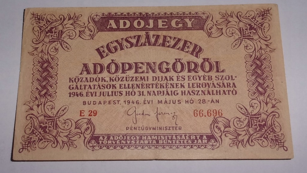100000 adopengorol Węgry Magyar 28 maj 1946 rok
