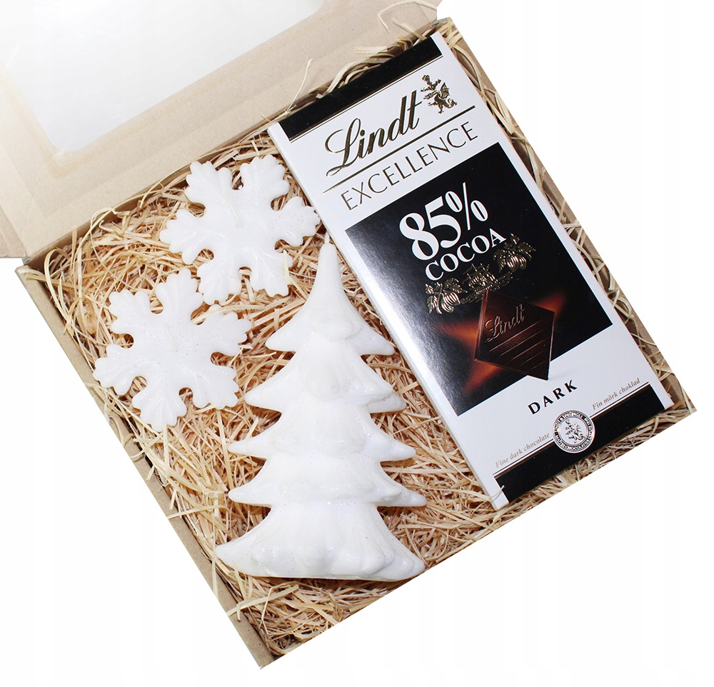 Zestaw świąteczny prezent upominek ze świeczką choinka biała + czekolada