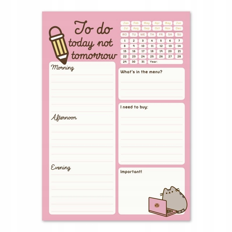 PUSHEEN rozkład zajęć Planner na dzień ORGANIZER