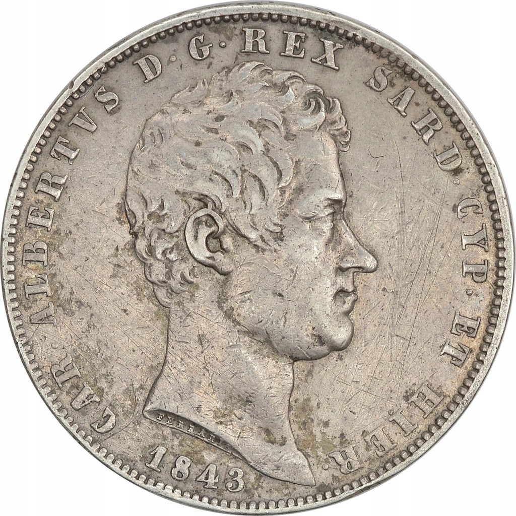 19.SARDYNIA, KAROL ALBERT, 5 LIRÓW 1843 P