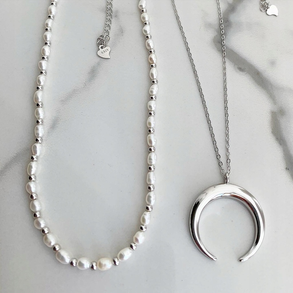 Srebrny zestaw choker naturalna perła dwuróg S 925