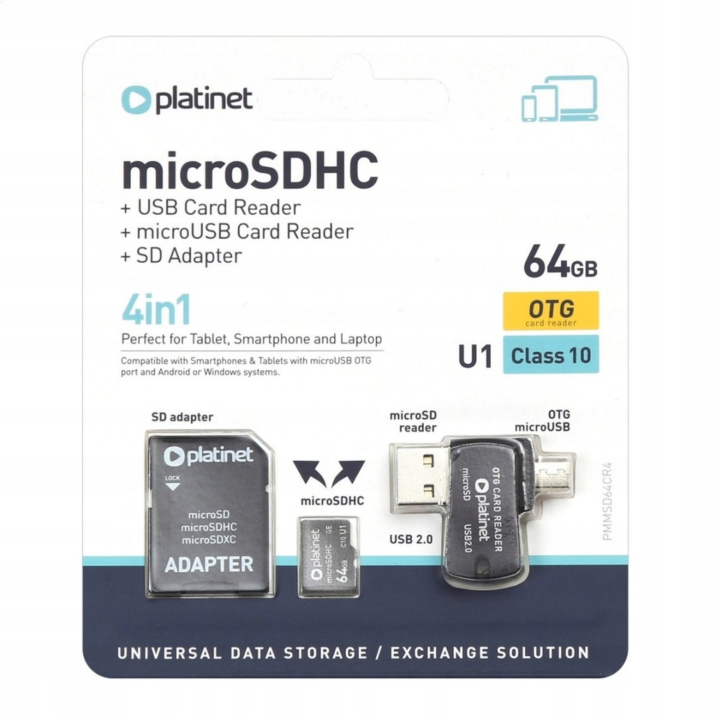 PLATINET 4-in-1 microSD 64GB + CARD READER + OTG +