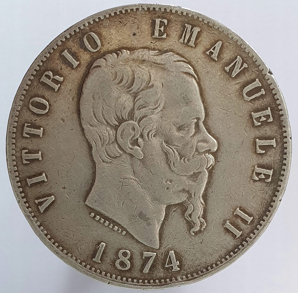 Włochy Wiktor Emanuel 5 lirów 1874 SREBRO