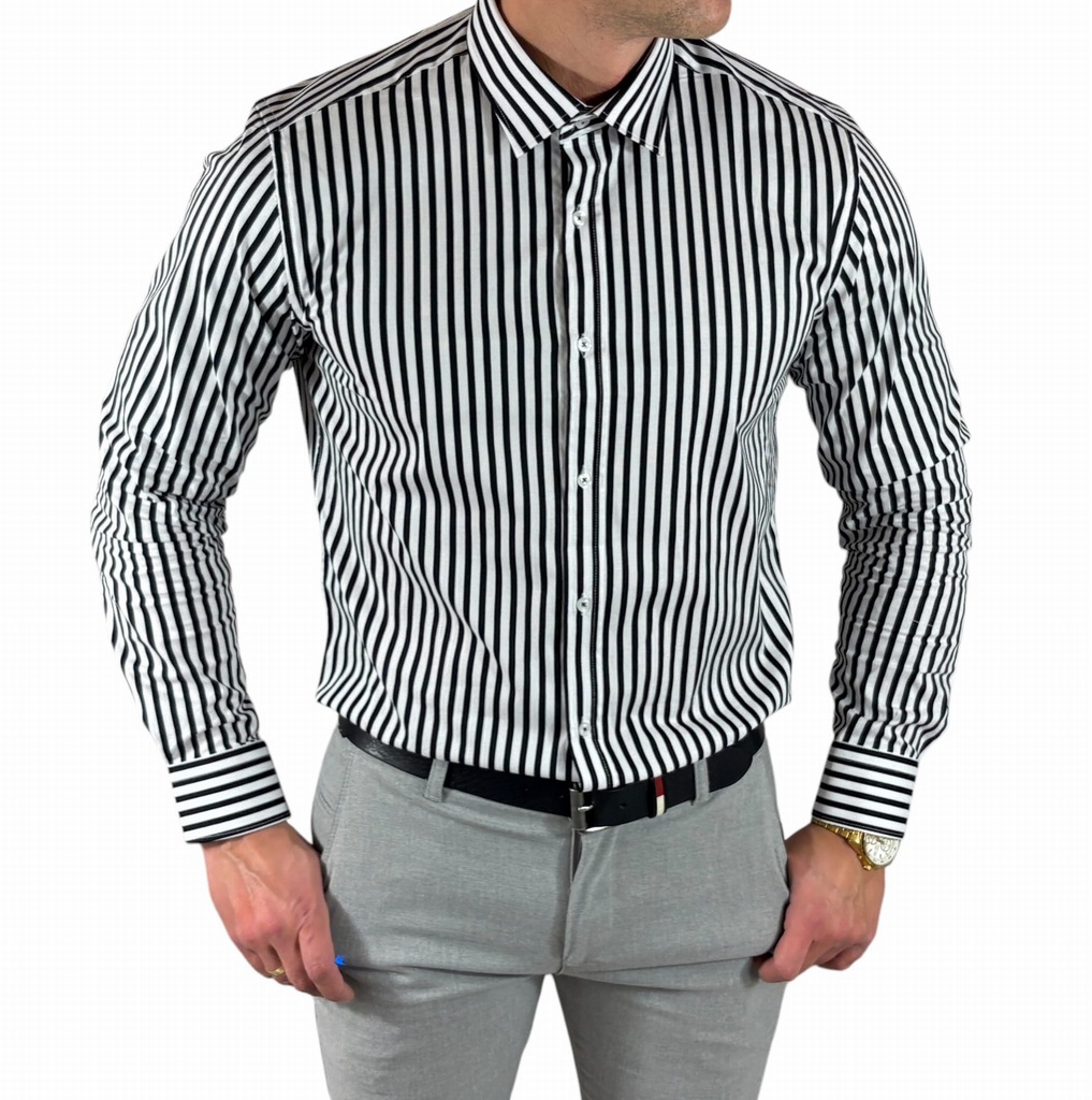 Koszula slim fit klasyczna w czarne paski ESP027 - S