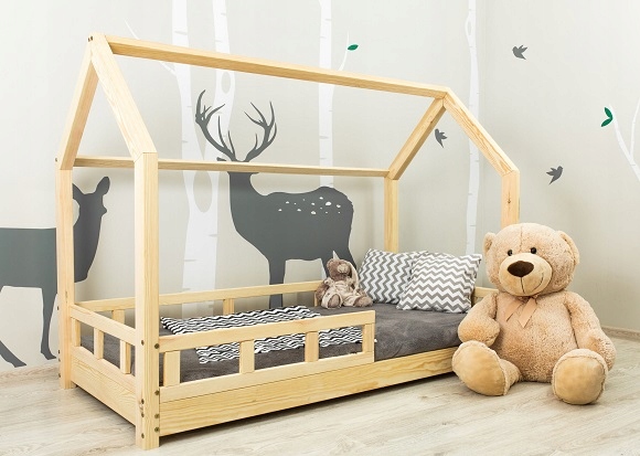 Łóżko domek dziecięcy,LEO 100x180+barierki,natura