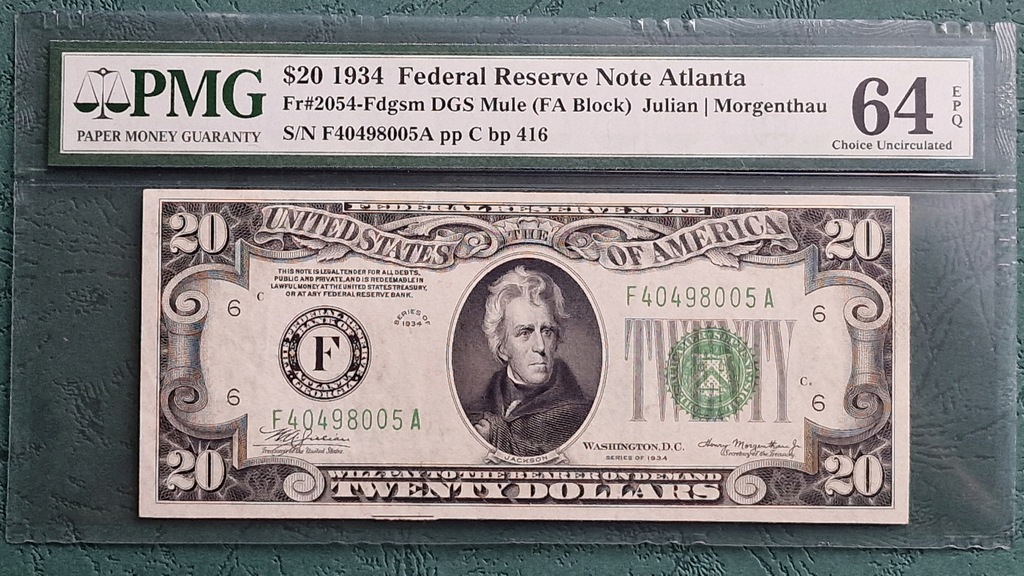 20 dolarów USA 1934 FRN Atlanta PMG 64 EPQ!!