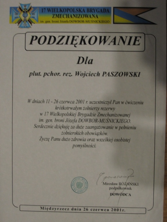 podziękowanie od generała Mirosława Różańskiego