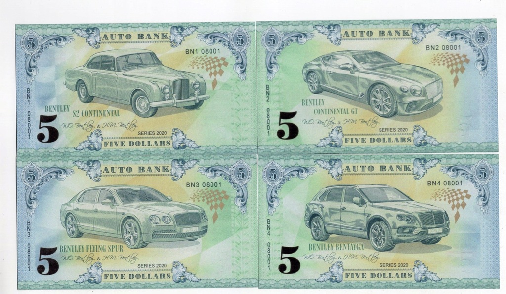 Banknoty fantazyjne samochody Bentley 4 sztuki