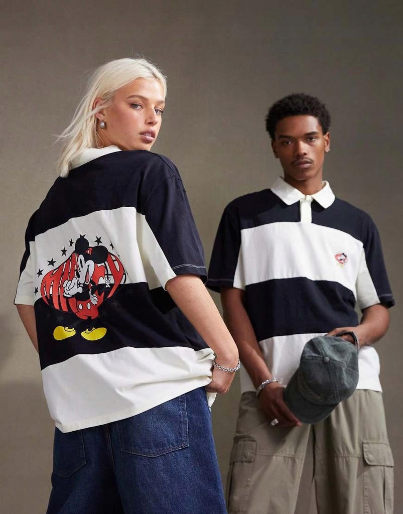 Rezis Rezis Czarna sprana koszula polo oversize unisex w paski z grafiką XS