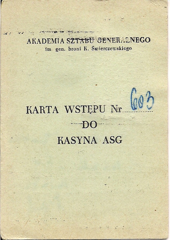 Karta wstępu do kasyna Akad. Sztab. General. 1964r