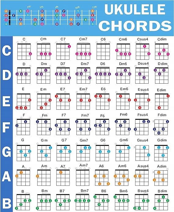 Plakat akordów ukulele do nauki dla dzieci i dorosłych 61 cm x 76 cm