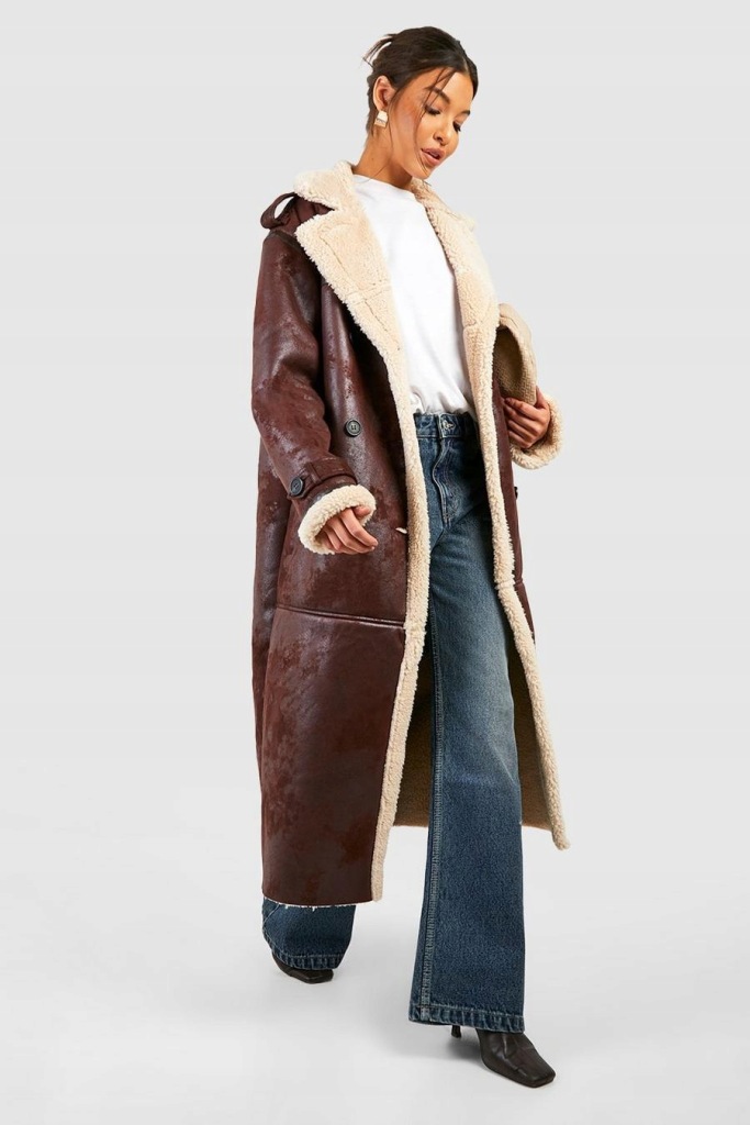 CHRIS WANG DŁUGI PŁASZCZ KOŻUCH KOŁNIERZYK OVERSIZE 14H NG2__S