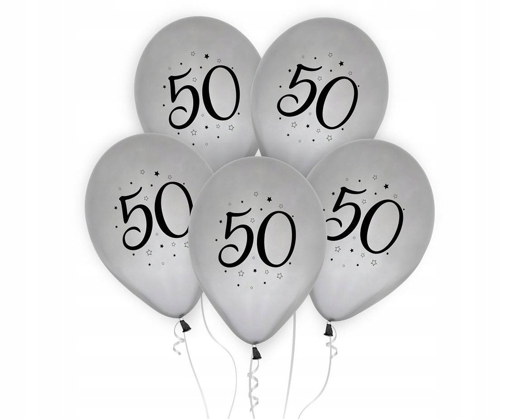 Balony liczba 50 urodziny, srebrne, 12", 5 sz