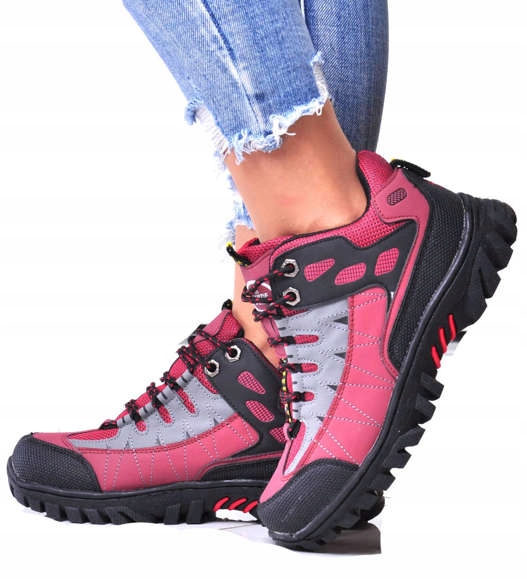 WIĄZANE DAMSKIE BUTY TREKKINGOWE BORDOWE 12524a 38