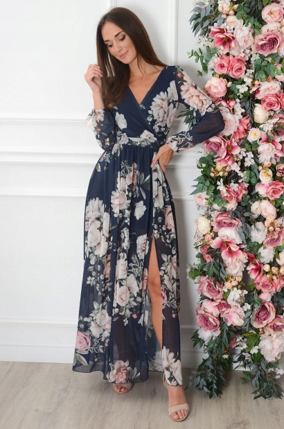 Sukienka maxi szyfonowa w kwiaty długi rękaw r.38