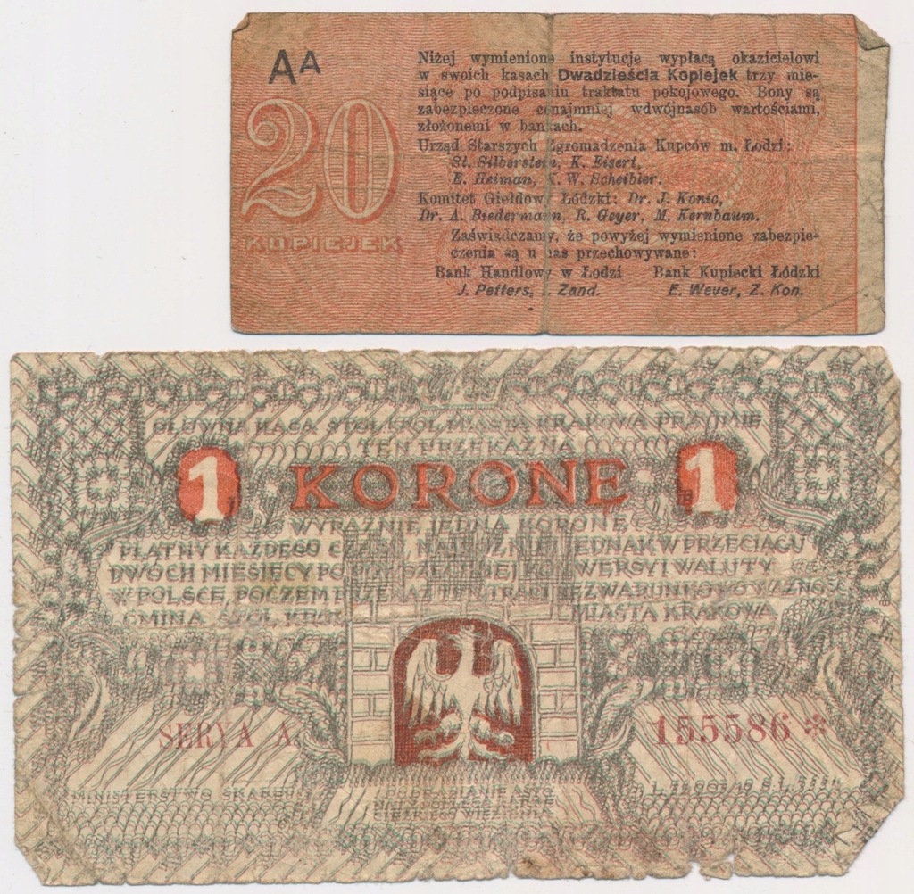 4198. Łódź, Cieszyn, 1 korona - 20 kopiejek (1914-1919) st.5,4+(2szt)