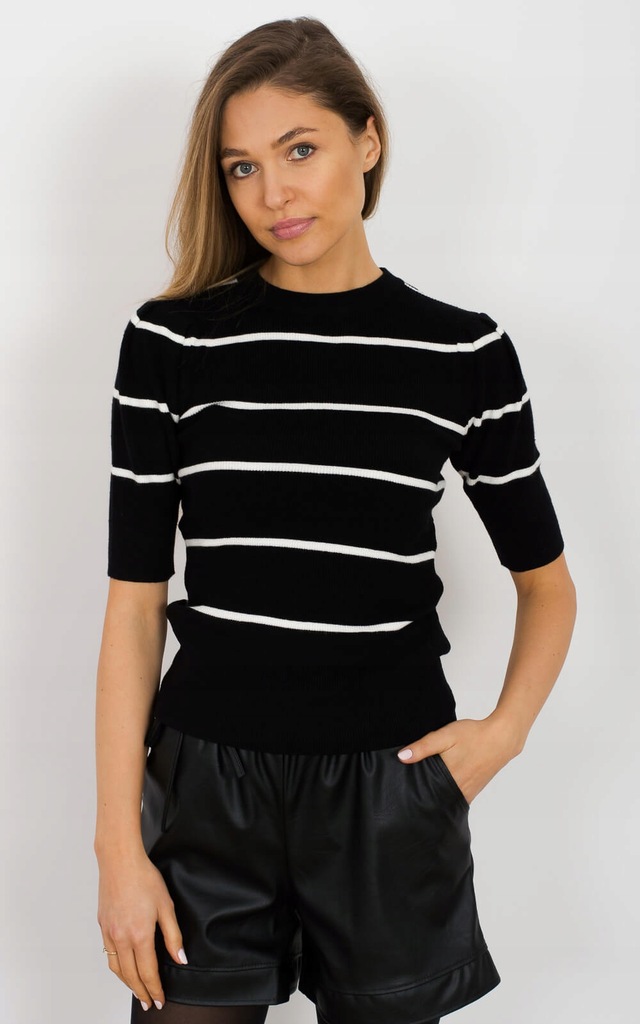 Sweter w paski z krótkim rękawem Czarny - Uni