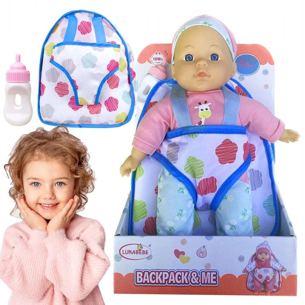 Lalka bobas dla dzieci z plecakiem akcesoriami