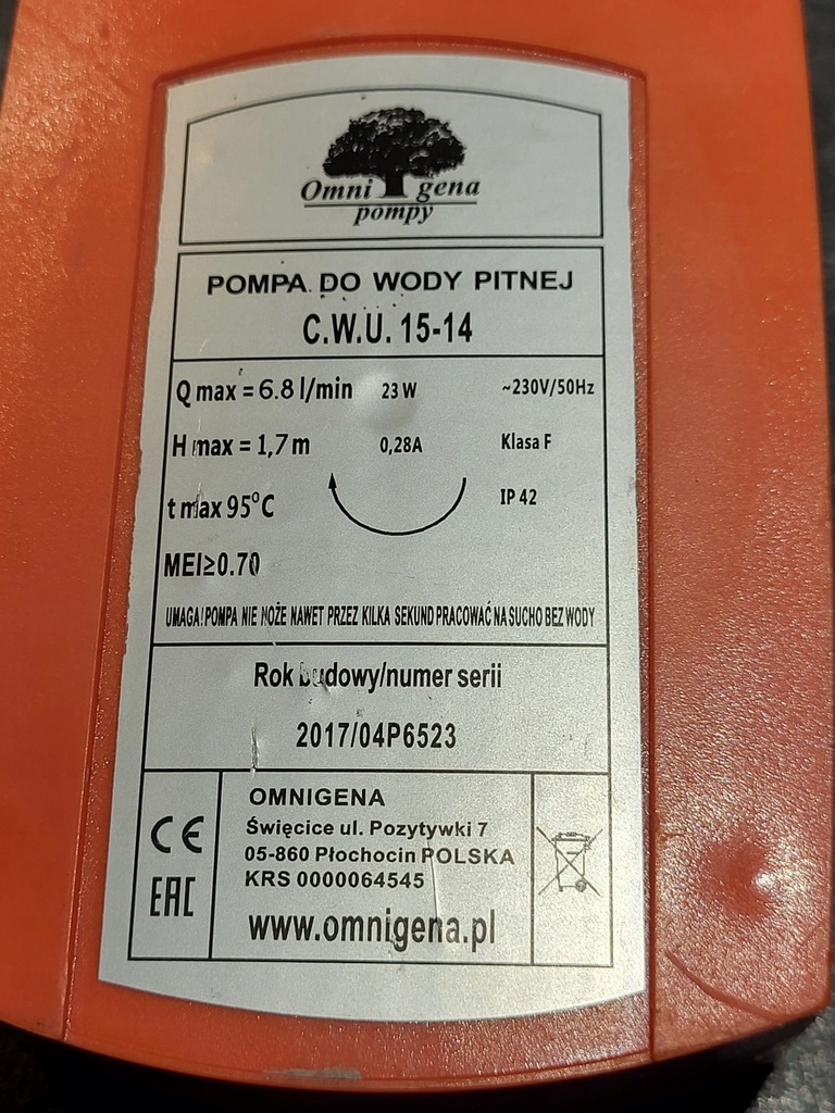 POMPA DO CYRKULACJI C.W.U.15-14 OMNIGENA uszkodzona oryginalne opakowanie