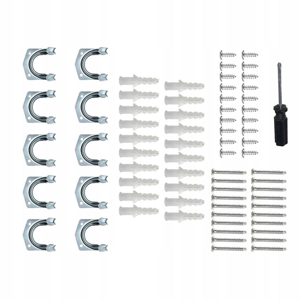 Mounting Hooks Set with Screwdriver 10x Hooks with 60Pcs Screws Shovel Rake