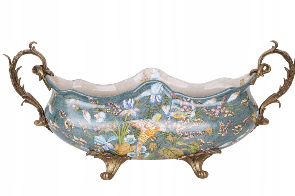 WAZA secesja PORCELANA Z BRĄZEM zieleń ptak
