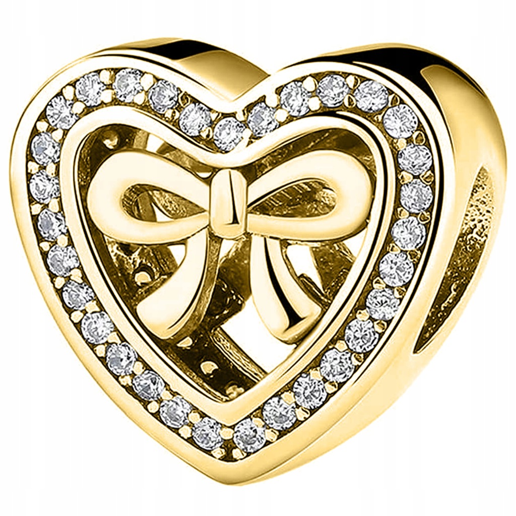 Charms złoty serce kokardka cyrkonie srebro 925