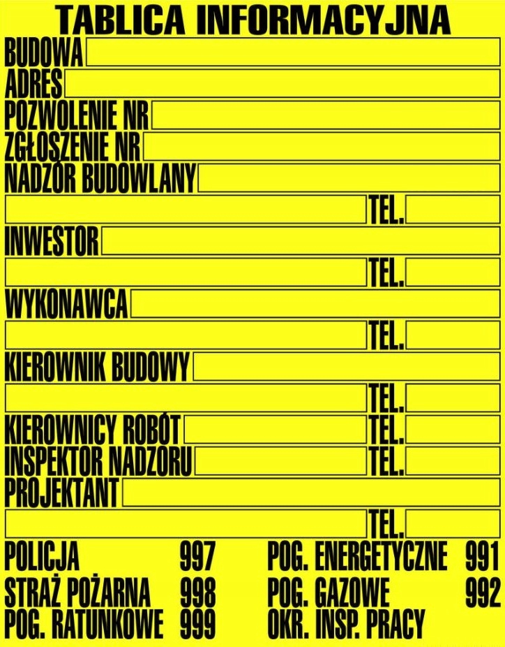 TABLICA INFORMACYJNA BUDOWLANA DUŻA PCV 70x90 CM