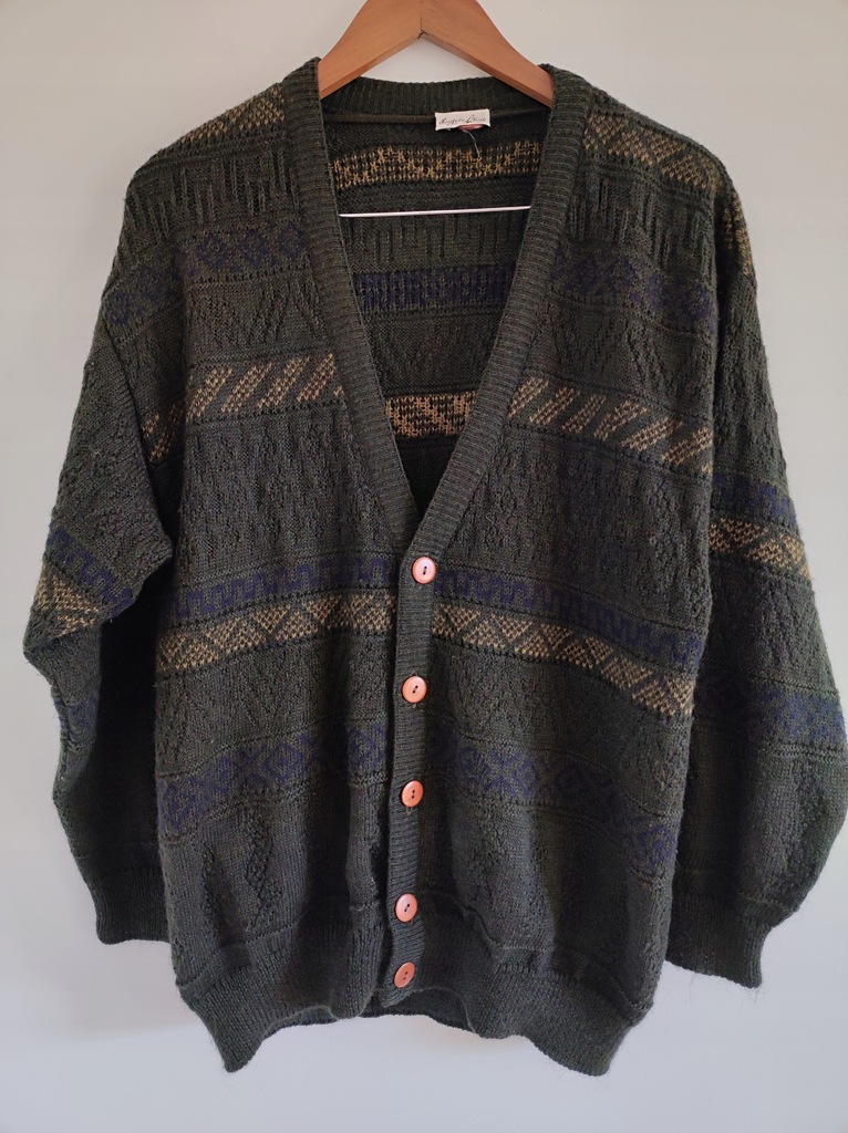 M C&A sweter zapinany na guziki retro vintage wełna wool khaki wzory