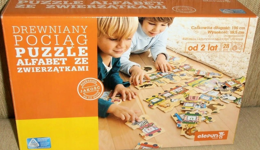 Puzzle drewniane Elefun pociąg alfabet świetne!