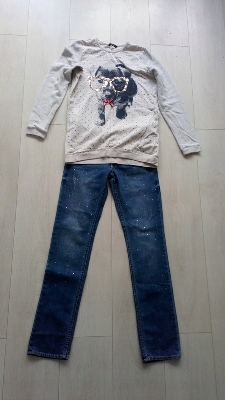 Jeansy z kryształkami i bluza z cekinami r. 152