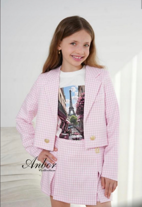 Żakiet dziewczęcy Anbor różowa kratka - 158