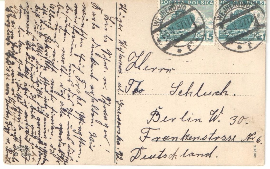 Ciekawa korespondencja Wejherowo 1937