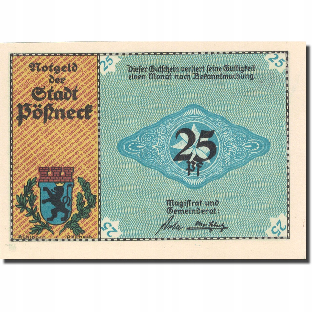 Banknot, Niemcy, Possneck, 25 Pfennig, imprimerie,
