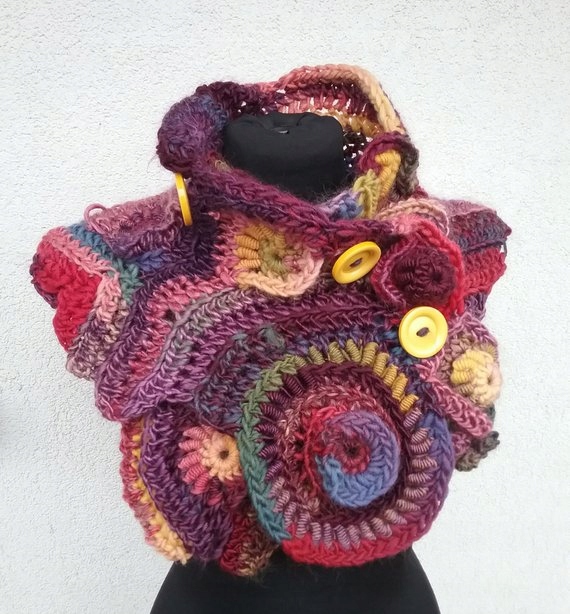 Szalik freeform crochet fuksja, róż