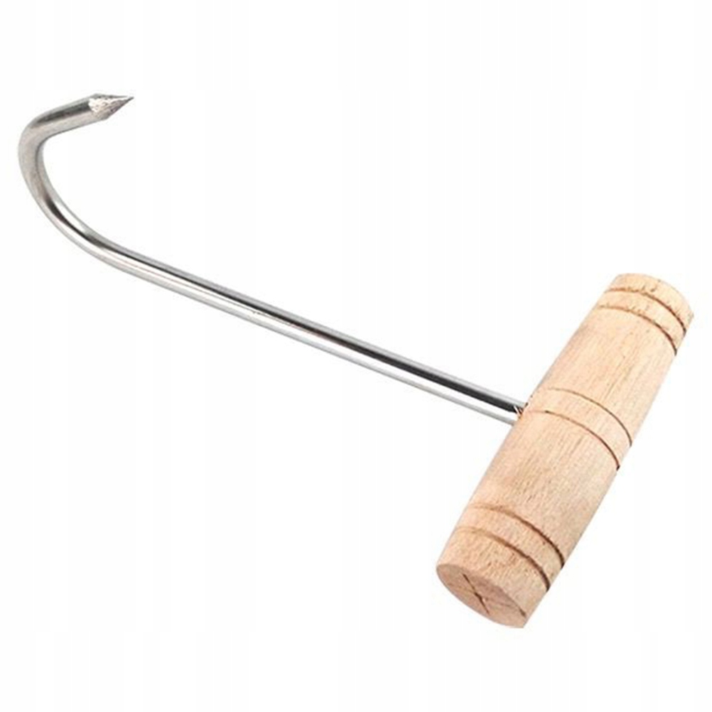 1pc Stainless Steel Meat Hook Wooden Handle T