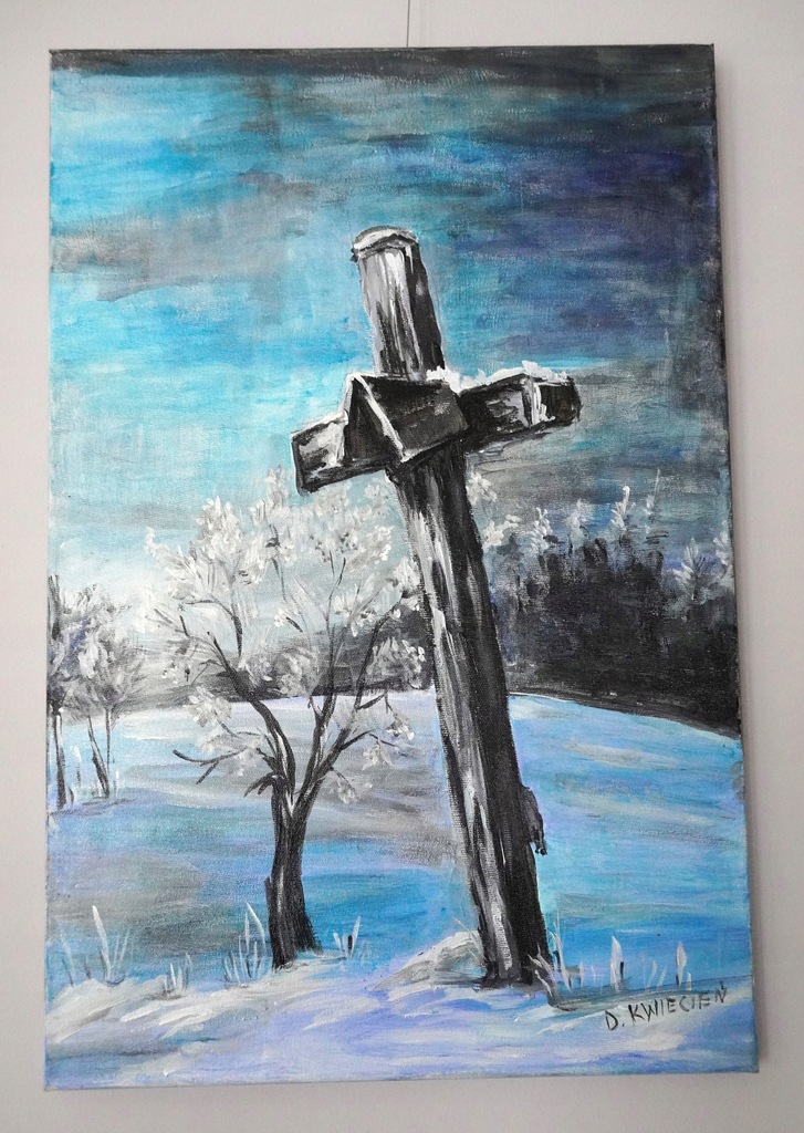 Obraz olejny "Krzyż przydrożny-zimą"