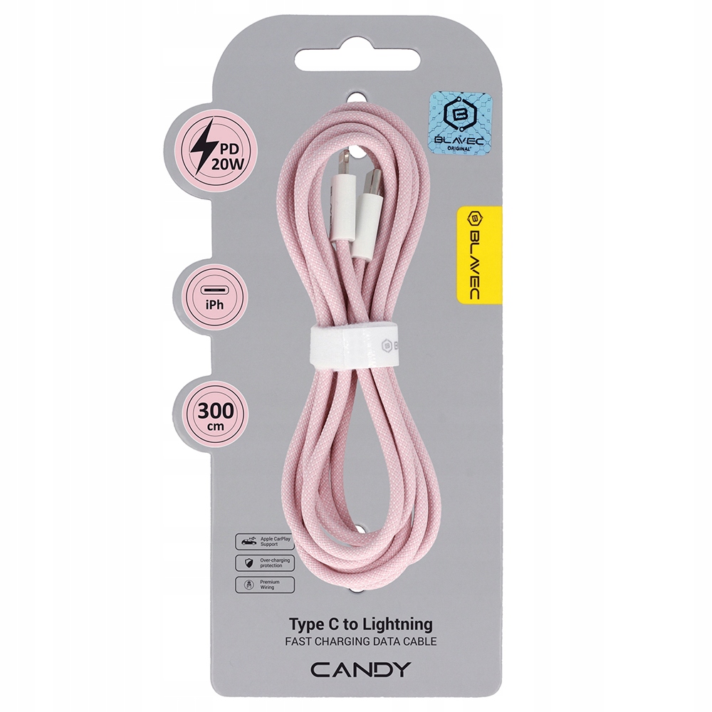 Kabel oplot - Typ C na Lightning - PD 20W 2,4A 3 metry (CCA-CL24P30) różowy