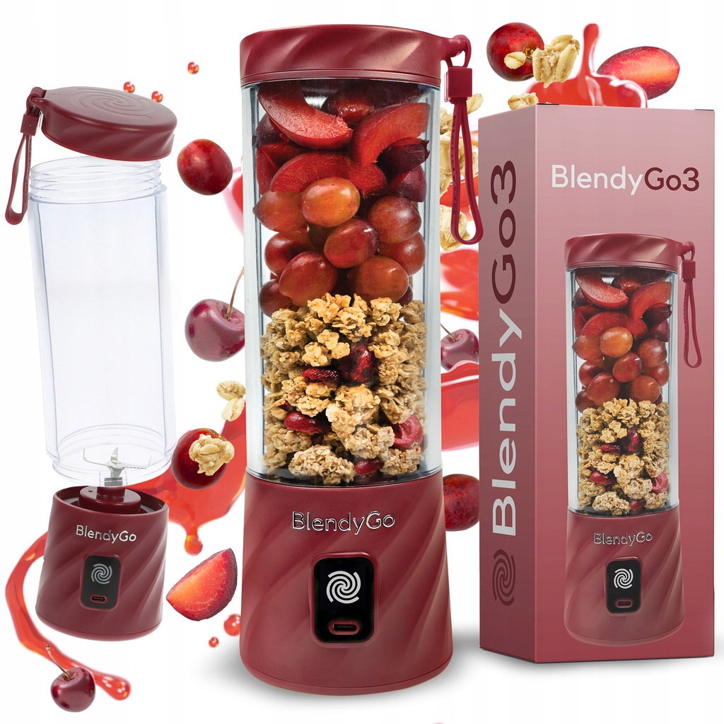 ORYGINALNY BlendyGo 3 Blender Kielichowy Bezprzewodowy USB 250 W BURGUNDOWY