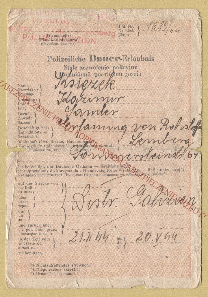 ANK LEMBERG LWÓW STAŁE ZEZWOLENIE POLICYJNE 1944