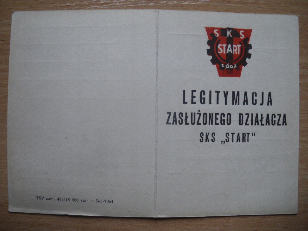 SKS START Łódź Legitymacja Zasłużonego Działacza Czysta Nakład tylko 200 sz