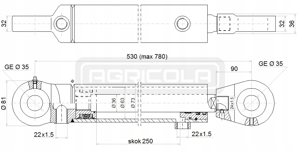 CYLINDER POLSKI SIŁOWNIK 2-STRONNY SKOK 250