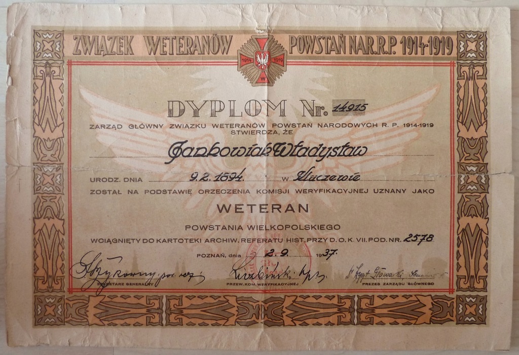 Dyplom do Krzyża Weteranów Powst. Wlkp. 1937.(780)