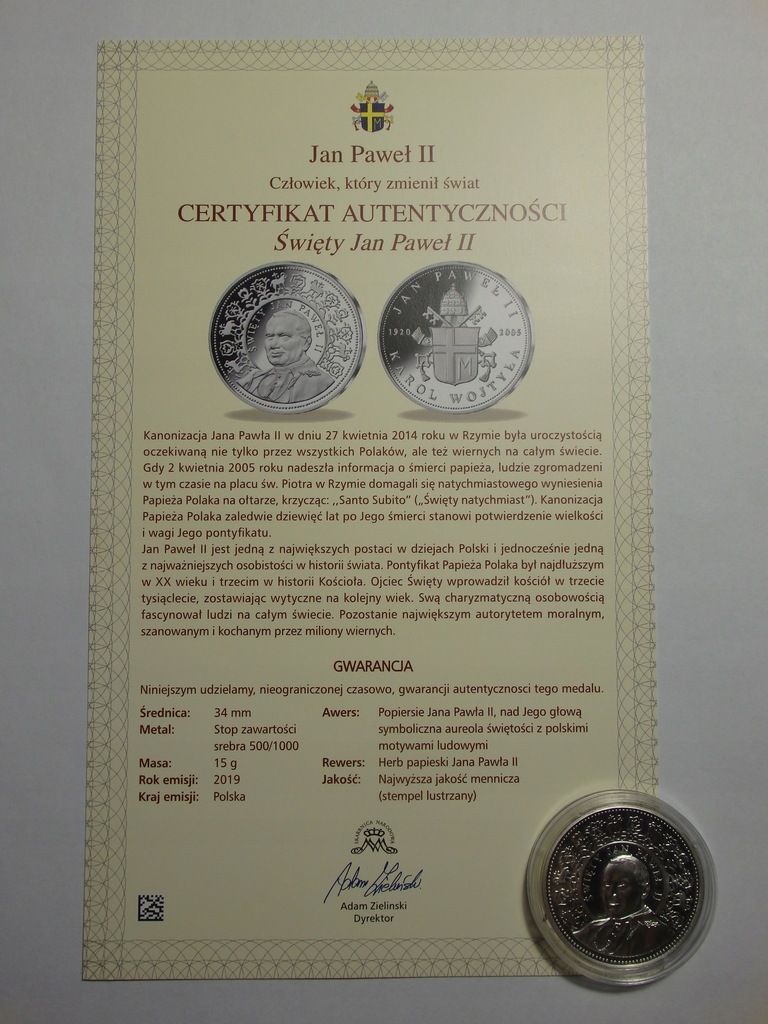 Medal, Święty Jan Paweł II, Karol Wojtyła, 2019r. Y745