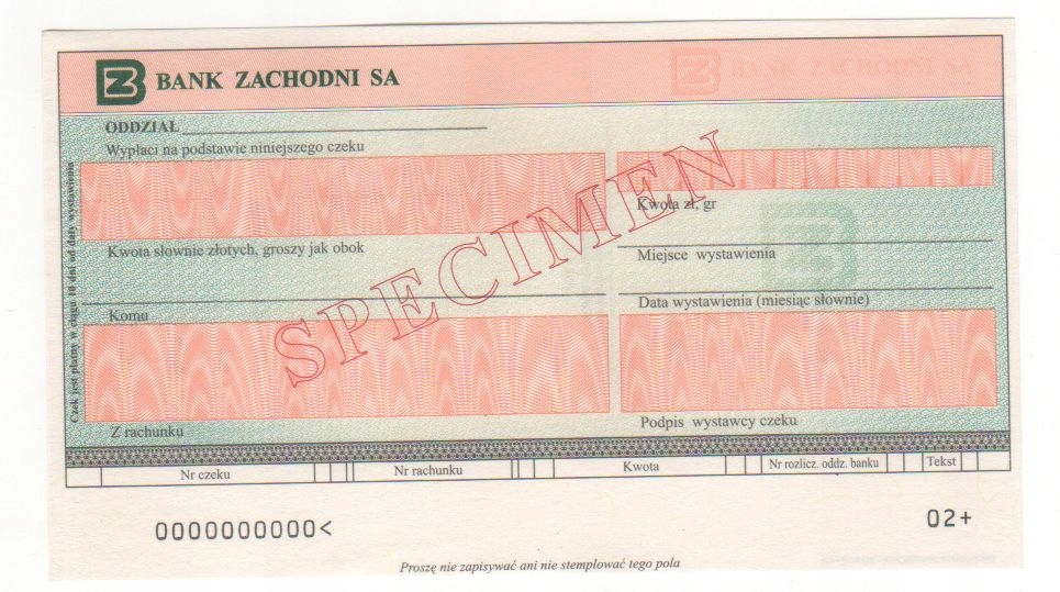 czek specimen Bank Zachodni SA BZ2